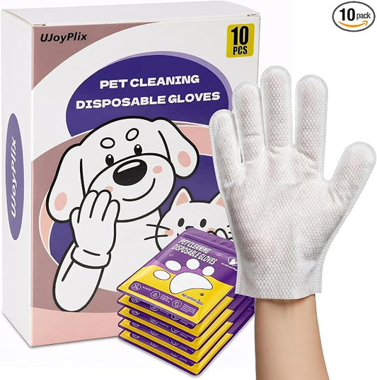 Pet Cleaning Glove Wipes, Plant-Based, Hypoallergenic | No dyes, bath alternative for water-shy dogs, cats, ferrets, guinea pigs; 10x9 inch, 10 pcs travel or daily use