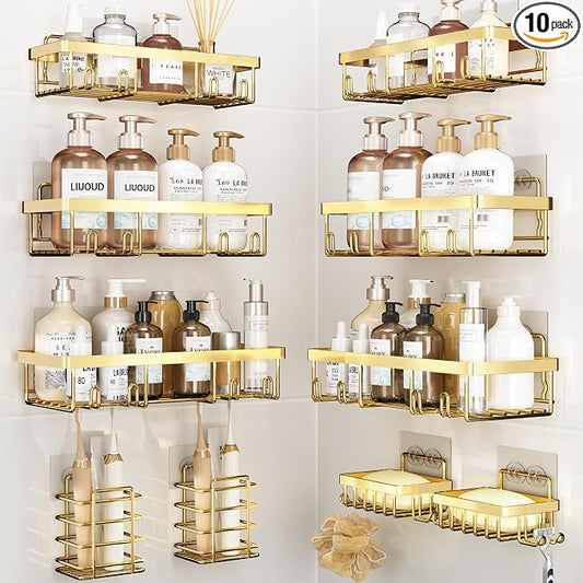 Liuoud 10 Pack Shower Caddy Organizer Rack Shelf for Inside Shower, Self Adhesive Wall Storage Basket Rustproof Stainless Steel Shampoo Holder Bathroom Accessory Decor Set, Bright Gold