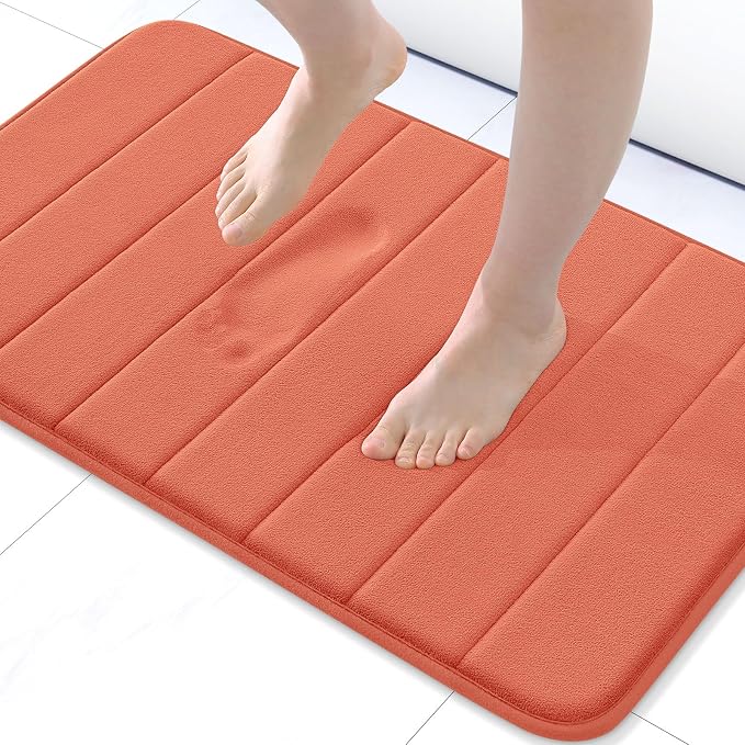 Buganda Memory Foam Bath Mat 24 x 16, Ultra Soft Absorbent Bathroom Rugs | Coral, Machine Washable Quick Dry Bath Mats for Bathroom Floor, Shower and Tub, Home Decor Accessories