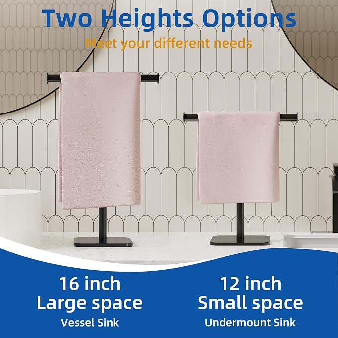 RUACQ T-Shape Hand Towel Holder Stand, 12inch Weighted Base Towel Rack, Countertop Towel Holder for Bathroom, 304 Stainless Steel, Heavy Duty (Matte Black)