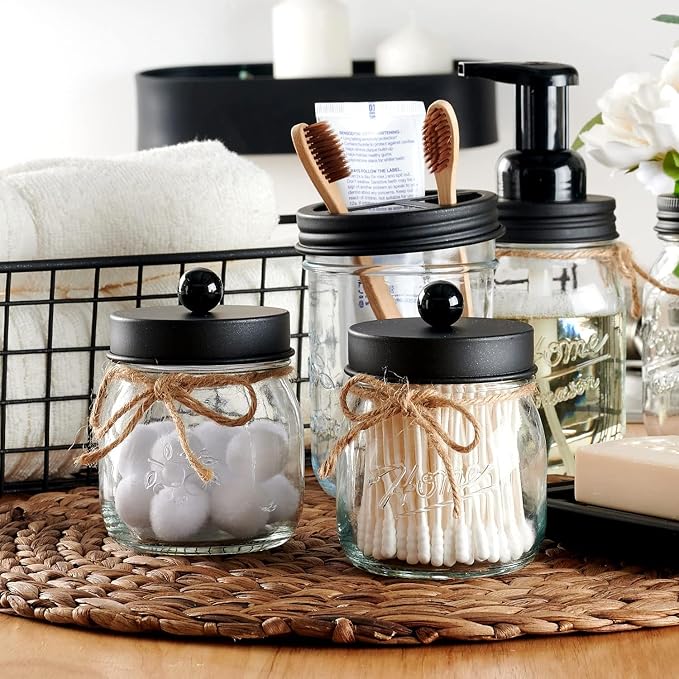 SheeChung 3 Pack Qtip Holder, Cotton Swab Holders, Apothecary Jars with Lids, Bathroom Jars, Black Bathroom Accessories for Cotton Round Pads, Balls, Floss Pick - Black