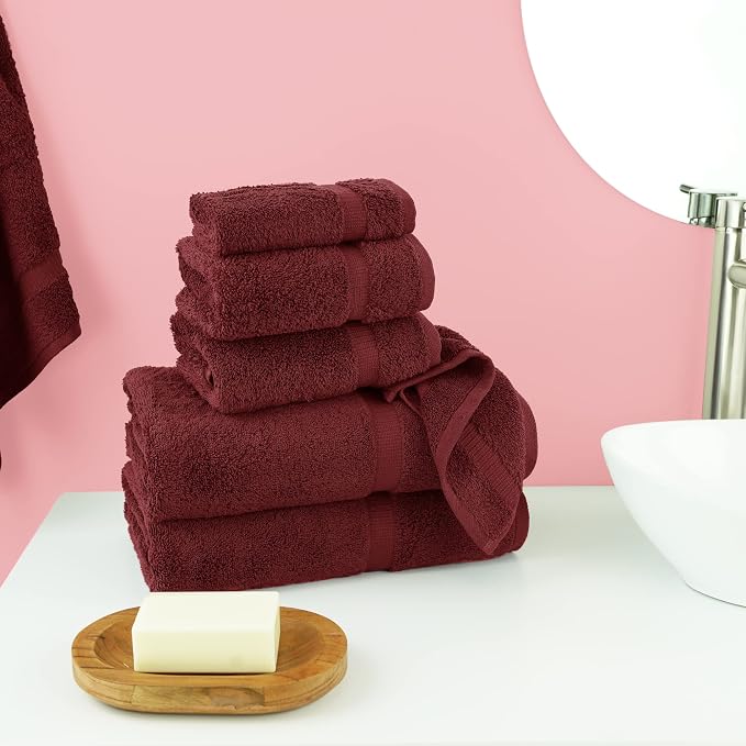 Chakir Turkish Linens 100% Cotton 6-Piece Towel Set, Cranberry | 100% cotton 6-pc set, OEKO-TEX certified: 2 bath 27x54, 2 hand 16x30, 2 washcloths 13x13