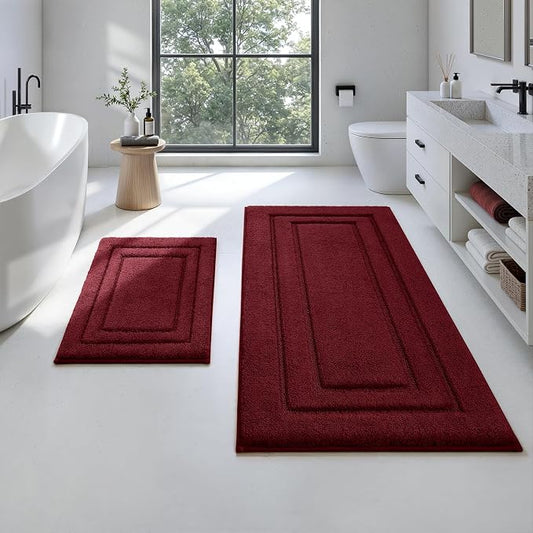 HOMEIDEAS Bathroom Rugs Sets 2 Piece, Extra Long Bath Mat Burgundy Red | Super Soft and Absorbent Non Slip Microfiber Bath Rug，Machine Washable, for Bathroom, 20" x 47" + 16" x 24"