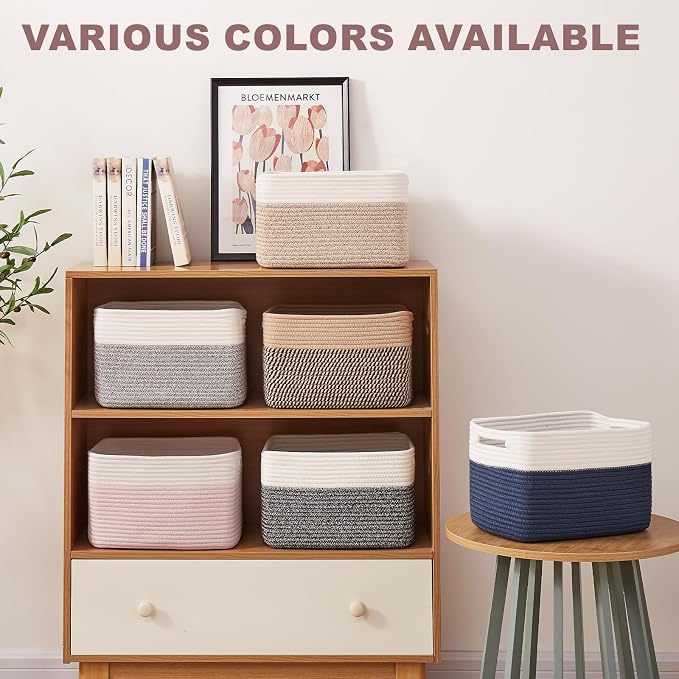 OIAHOMY 4 Pack Storage Basket, 13"x9"x7.8" Cotton Rope Baskets for Shelves, Closet Organizer for Bedroom & Living Room, Soft Decorative Bins for Organizing Towels, Books & Toys, Pink & White