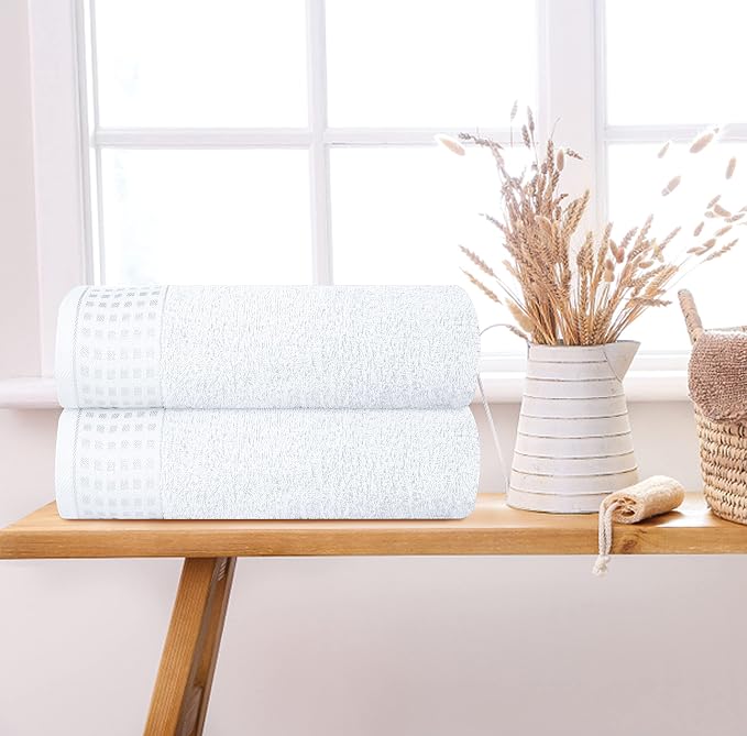 GLAMBURG 100% Cotton 2 Pack Oversized Bath Towel Set 28x55 Inches, Ultra Soft Highly Absorbant Compact Quickdry & Lightweight Large Bath Towels, Ideal for Gym Travel Camp Pool - White