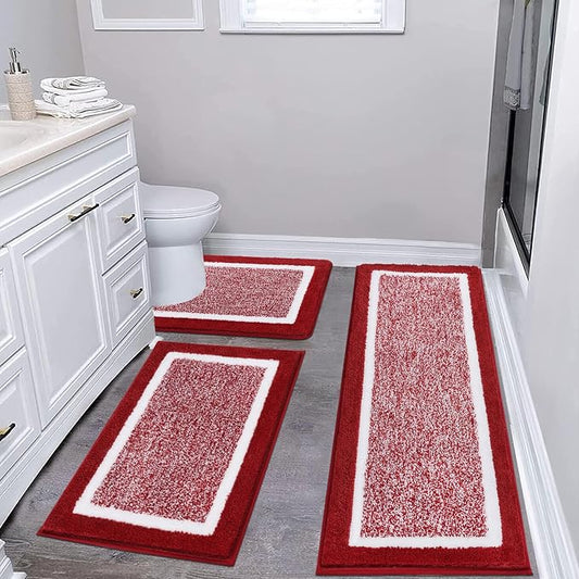 Pauwer Bathroom Rug Sets 3 Piece, Non Slip Washable Bath Mat, Red | Soft Plush Microfiber, Super Absorbent Floor Carpet, U Shaped Toilet Mats, Quick Dry, Shaggy Shower Rugs Runners
