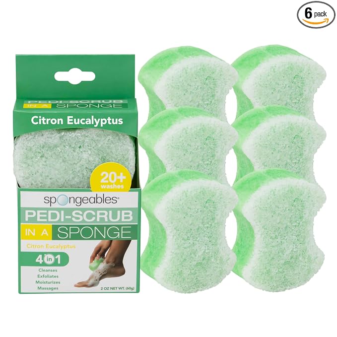 Spongables Pedi Scrub Foot Exfoliating 20+ Wash Sponge, Citron Eucalyptus, 6 Count (Pack of 6)