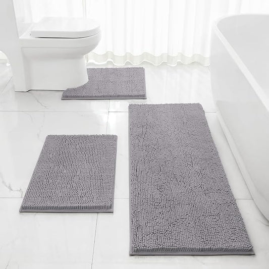 HOMEIDEAS Grey Long Chenille Bathroom Rugs Set of 3, Non Slip Bath Mat | Super Absorbent, Soft Microfiber, Machine Washable, Stain Resistant, for Bathroom Decor