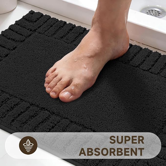 Pauwer Bathroom Rugs Set 5 Piece, Microfiber Bath Mat Set, Black | Non Slip Washable Bath Mat with U Shaped Toilet Rug, Plush Absorbent Shower Rug, Toilet Lid Cover, Quick Dry Floor Carpet