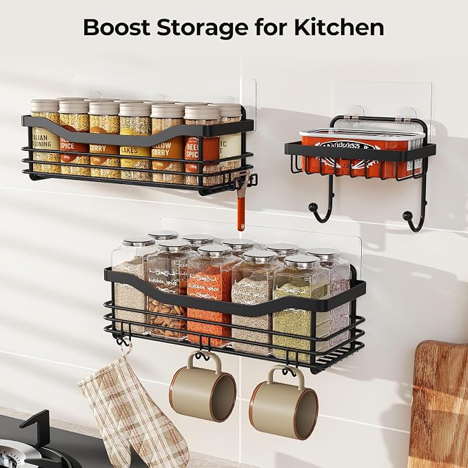 Orimade Shower Caddy Basket Shelf,3-Pack Adhesive Shower Organizer with Soap Dish Holder, No Drilling Wall Mounted Rustproof Stainless Steel Shower Shelves with 7 Hooks,for Bathroom,Matt Black