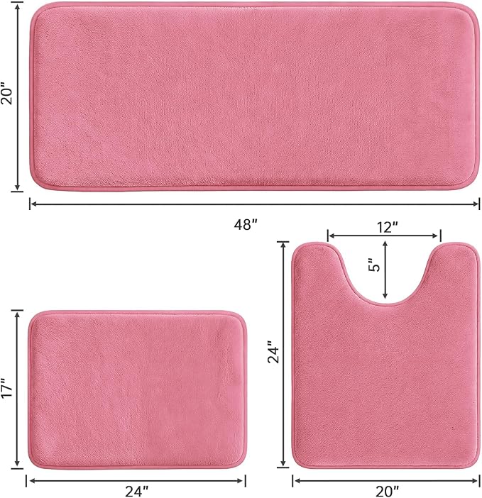 HUXMEYSON 3-Piece Memory Foam Bathroom Rug Set, Pink | Quick Dry Velvet Surface, Non-Slip & PVC Backing, Ultra Soft Bath Rugs for Bathroom, 17"x24"+20"x48"+U Shape 20"x24"
