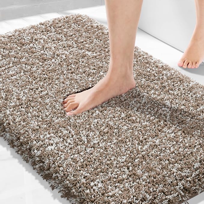 Yimobra Bath Rugs for Bathroom 32X20, Ultra Soft and Water Absorbent Bath Mats, Non Slip Plush Shower Rugs, Microfiber Thick Matts for Bathroom Floor/Tub, Machine Washable, Light Brown and White