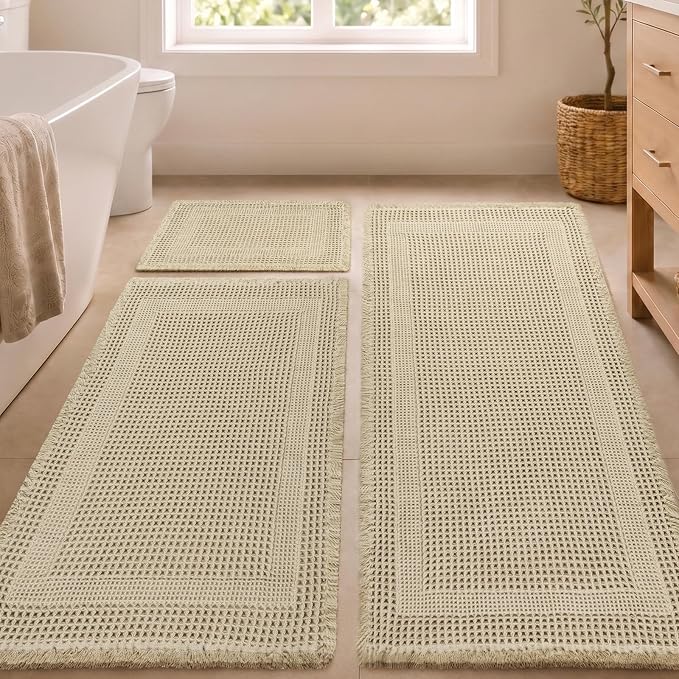 Waffle Bath Mat, Non Slip Bathroom Rugs Mats Set, Super Absorbent Quick Dry Bath Mats for Bathroom, Machine Washable Boho Rugs with Tassels,17"x24"+24"x36"+24"x48" (Brown)