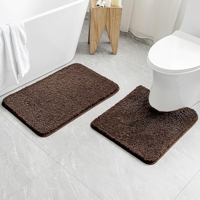 MIULEE Brown Bathroom Rugs Set 2 Piece Soft Bath Mats 20x20+20x32 Inch | Absorbent Microfiber Bath Mat and U-Shaped Toilet Rug, Non Slip, Quick Dry, for Bathroom Floor Tub Showers, Machine Washable