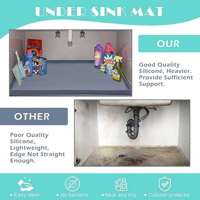 URMONA Waterproof Silicone Under Sink Mat 22'' x 14'' Shelf Liner for Kitchen and Bathroom, Cabinet and Counter Protector, Storage and Organizers, Litter Mat, Pet Cat Puppy Essentials(Light Grey)