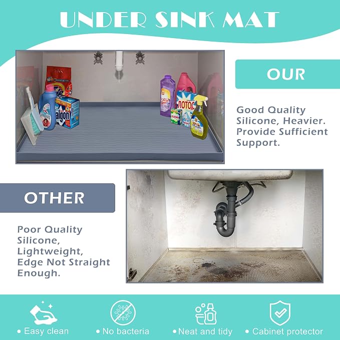 URMONA Waterproof Silicone Under Sink Mat 28'' x 22'' Shelf Liner for Kitchen and Bathroom, Cabinet and Counter Protector, Storage and Organizers, Litter Mat, Pet Cat Puppy Essentials(Light Grey)