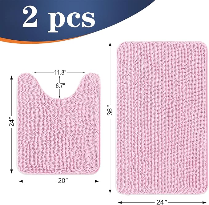 OLANLY Chenille Bathroom Rugs Mats Sets 2 Piece, 36"x24"+24"x20", Pink | Soft Absorbent Bath Mat and U-Shaped Contour Toilet Rug Set, Quick Dry, Machine Washable Bath Carpet, Home Decor Accessories
