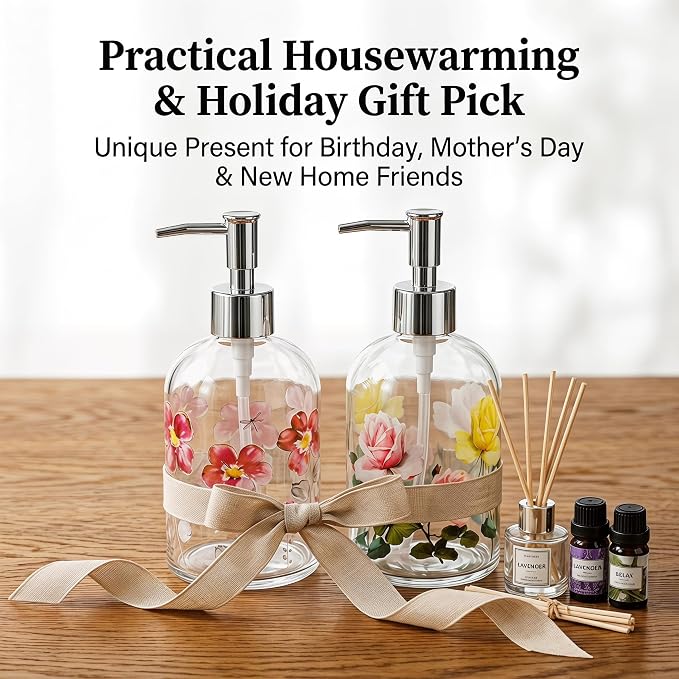 Topadorn Hand and Dish Soap Dispenser Set, 2 Pack 17oz Glass Soap Dispensers with Pump, Refillable Kitchen Soap Bottles, Coordinated Floral Bathroom Counter Decor