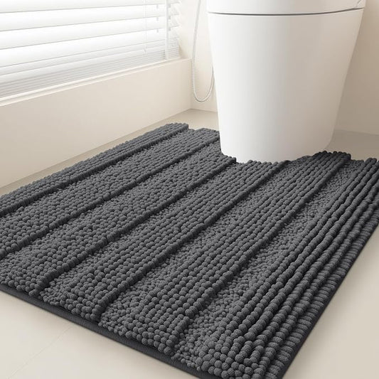 Striped Grey Toilet Bathroom Rug Mat 24" x 20" Contour Rug Ultra Soft, Non Slip Chenille Bath Rugs, Absorbent Plush Shaggy Bath Mats for Bathroom, Bedroom, Kitchen, Shower, Tub,Dark Gray, Charcoal