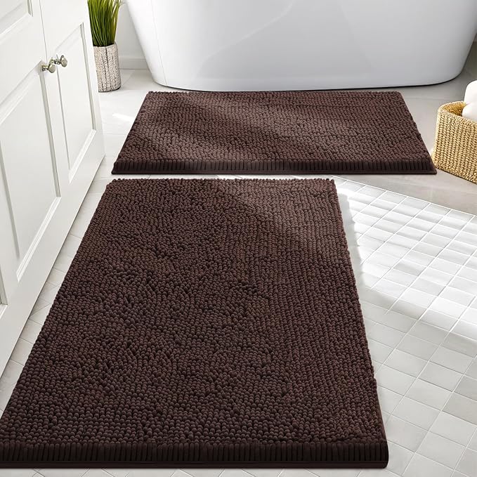 Smiry Chenille Bathroom Rugs Sets 2 Piece (30x20+24x16, Brown) | Soft Absorbent Machine Washable Non Slip Shaggy Bath Rug Set for Tub, Shower, and Floor, Home Decor