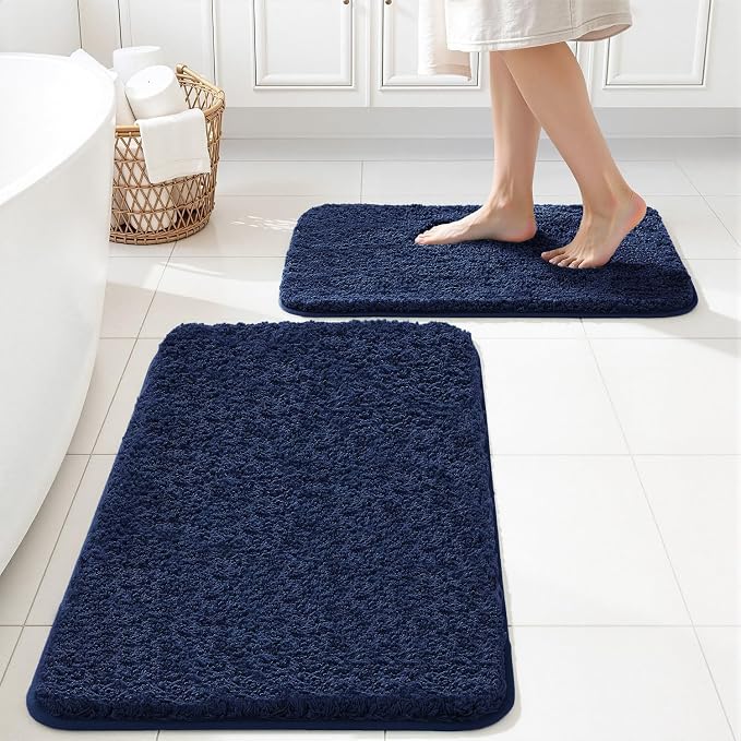 MIULEE Navy Blue Bathroom Rugs Set 2 Piece Small Soft Bath Mats 16x24 Inch | Soft Absorbent Microfiber Bath Rugs, Non Slip, Quick Dry, Fluffy Bath Rugs for Bathroom Floor Tub Showers, Machine Washable