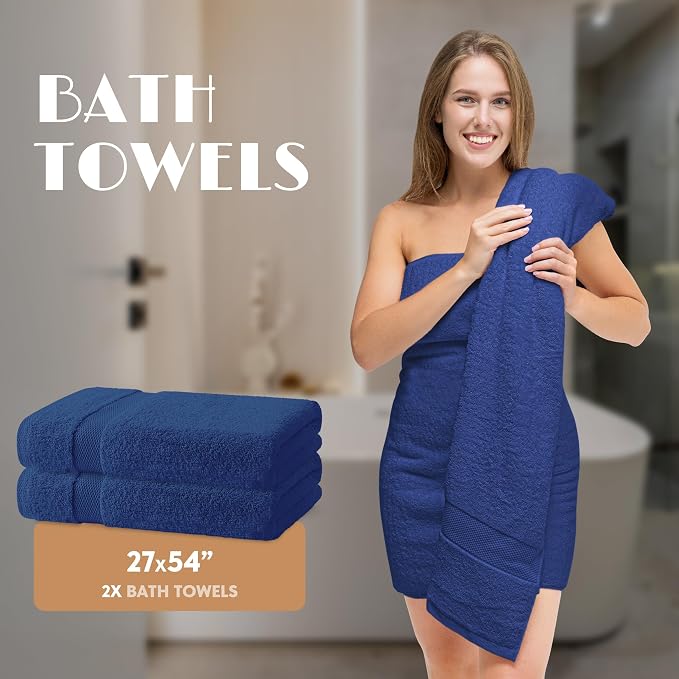Navy Bath Towel Set of 6 - 100% Cotton Highly Absorbent Towels for Bathroom, 2 Luxury Bath Towels 650GSM, 2 Hand Towels, 2 Washcloths