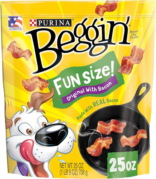 Purina Beggin' Fun Size Dog Treats, Original with Bacon, 25 oz Pouch | Big bacony flavor in a soft, easy-to-chew texture, with real meat as the first ingredient and no artificial flavors