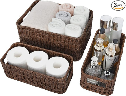 GRANNY SAYS Storage Baskets for Shelves, Waterproof Basket Set for Organizing, Toilet Wicker Basket Tank Topper, Wicker Baskets with Handles, Dark Brown, 3-Pack