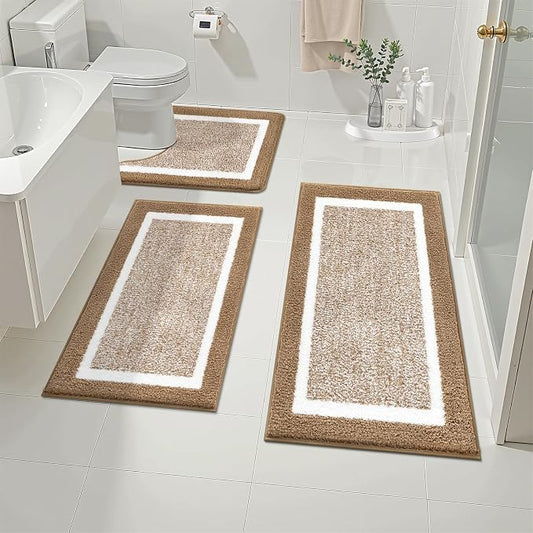 Pauwer 3 Piece Bathroom Rug Set, Non Slip Washable Bath Mat, Khaki | Soft Plush Microfiber, Super Absorbent Floor Carpet, U Shaped Toilet Mats, Quick Dry, Shaggy Shower Rugs Runners