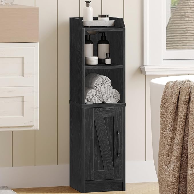 Hzuaneri Bathroom Storage Cabinet, Small Farmhouse Corner Floor Cabinet with Door and Shelves, Narrow Toilet Paper Holder Stand, Bathroom Organizer with Adjustable Shelf, for Small Spaces, Black