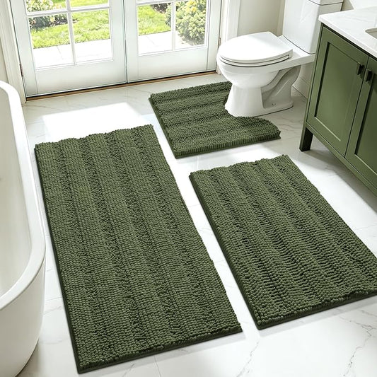 ACCUMTEK Christmas Striped Oliver Green Bathroom Rug Set 3 Pieces Ultra Soft, Non Slip Chenille Toilet Mat, Absorbent Plush Shaggy Bath Mats for Bathroom, Bedroom, Kitchen