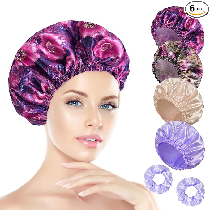 Shower Cap for Women Set of 4, Reusable Bath Caps + 2 Satin Hair Scrunchies | Double Layers, Waterproof Hair Caps, for Bath Accessories, Spa, Travel Home - Pattern C