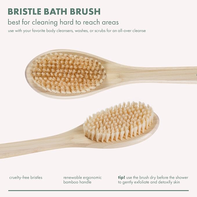EcoTools Bristle Bath Brush, Shower Body Brush with Gentle, Stiff Bristles, Long Bamboo Handle, Gently Exfoliating for Back & Body, Stimulates Blood Circulation, Eco-Friendly, 1 Count (Pack of 2)