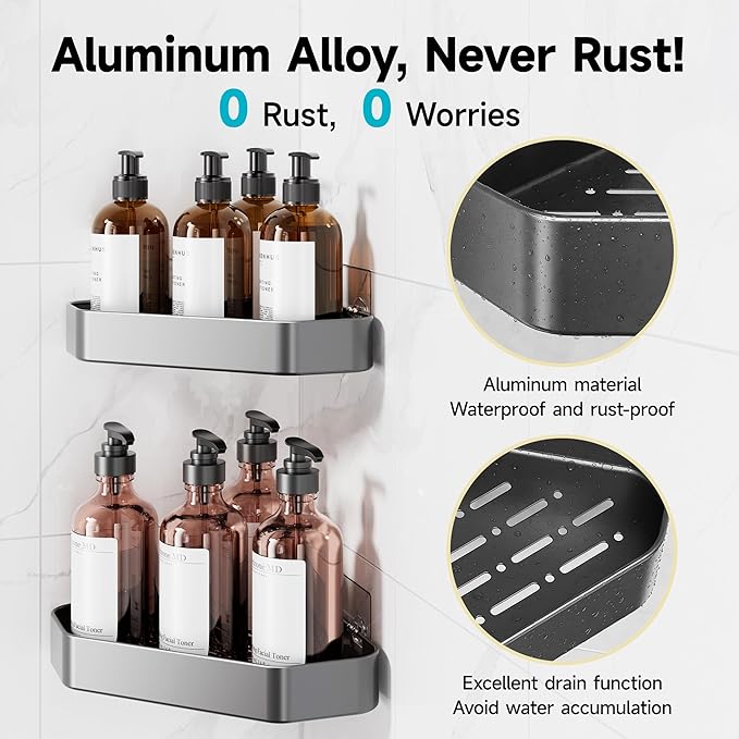 Veken Aluminum Corner Shower Caddy 4-Pack, Never Rust, No Drilling Adhesive Shelves, Stainless Rack with Soap Holder, Bathroom Organizers and Storage, Wall-Mounted Kitchen & Home Decor, Grey