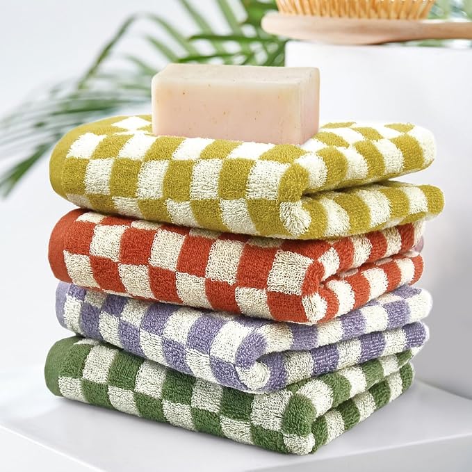 Jacquotha Hand Towels for Bathroom 4 Pack, Checkered Hand Towel Set | Cotton Soft Absorbent for Face Spa Bath Gym, Kitchen Towels Decorative, 13 x 29 Inches, 4 Colors