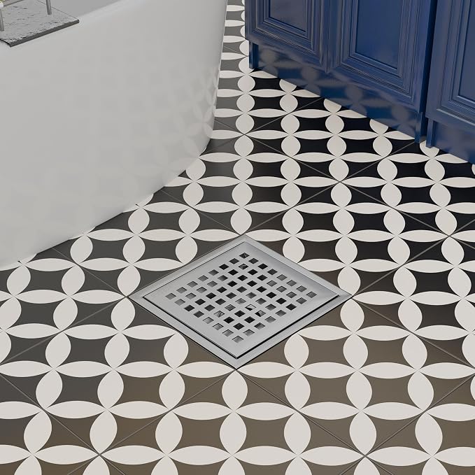 6 Inch Brushed Nickel Square Shower Drain with Flange,Modern Floor Drain with Quadrato Pattern Grate Removable,SUS 304 Stainless Steel