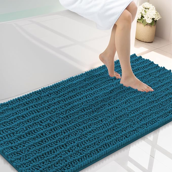 Smiry Bathroom Rugs 44X24, Extra Soft Rubber Backing Chenille Bath Mats | Peacock Blue Machine Washable Non Slip Quick Dry Bath Mats for Bathroom Floor, Tub, Shower, Home Decor Accessories