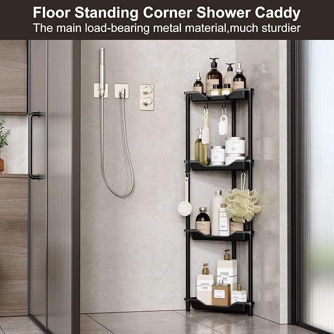 Orimade Rustproof 4 Tier Floor Standing Corner Shower Caddy Organizer, Plastic Metal Splicing Floor Corner Shelf Rack Storage Stands for Bathroom,10.8 x 10.8 x 44.6 inches, Black