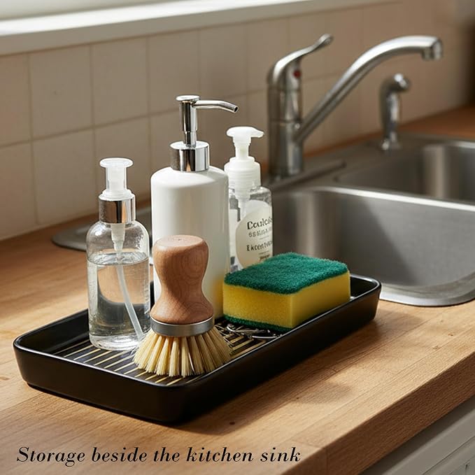 10"×6"×1" Black Bathroom Vanity Tray for Countertop- Ceramic Decorative Organizer Tray for Dresser Tops, Toilet, Perfume, Sponge Holder Soap Dish Dispenser for Kitchen Counter- Golden Stripes