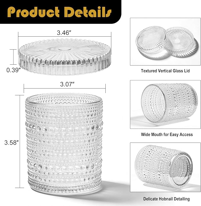 Flrolove Bathroom Organizers and Storage, 4 pcs Glass Qtip Holder | Clear Bathroom Accessories, Vanity Organizer for Cotton Rounds, Balls & Floss Picks, Qtips, Bathroom Canisters with Lids