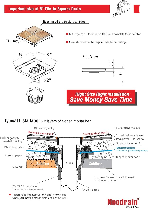 Neodrain Square Shower Drain with Removable Tile Insert Grate,304 Stainless Steel, CUPC Certified, Includes Hair Strainer (Brushed, 6 in)