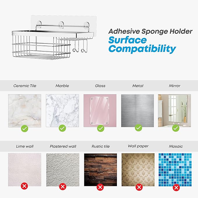 KESOL Shower Caddy and Soap Dish with Hooks Shower Shelf Organizer, No Drilling Adhesive Wall Mounted Bathroom Shelf, Rust Resistant Stainless Steel (2 Pack), Silver