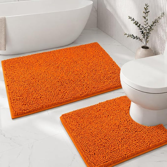 Bathroom Rugs Sets 2 Piece,Super Absorbent Soft,Thick,Machine Washable Chenille Bath Mat,Non Slip Toilet Floor Rug,Bath Mats for Bathroom,20x32 Plus 20x20 U Shape,Orange