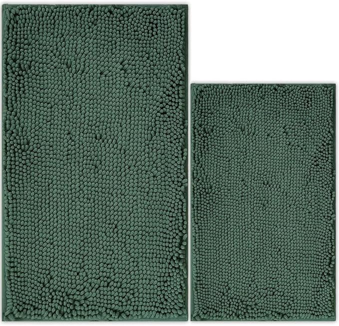 Bathroom Rugs Chenille Bath mat 2 Piece Set, Super Absorbent, PVC Non Slip Backing, Bath mats for Bathroom, Plush Shaggy, Thick, Machine Washable, Bathtub, Shower, Toilet.(Deep Green)