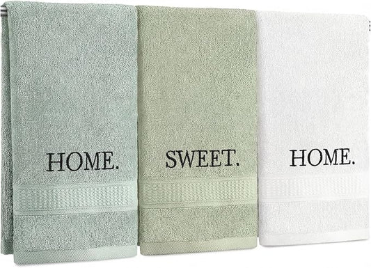 3 Pcs Hand Towels Bathroom Set,Green,Home Sweet Home | Embroidered Cotton Farmhouse Towels, Kitchen Decor, Rustic Boho Decorative with Text Labels, Guest Bath Home