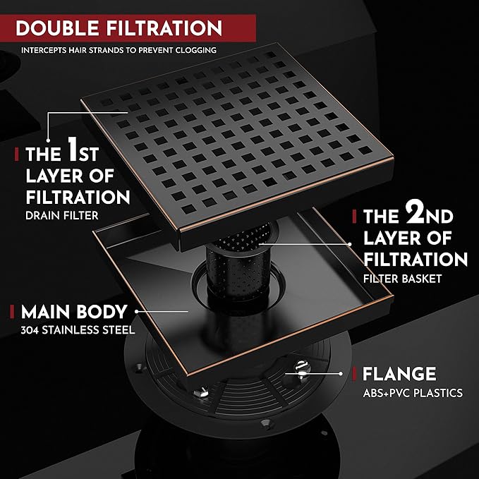 WEBANG 6 Inch Square Shower Drain Bronze Floor Drain with Flange Square Holes Pattern Cover Grate Removable SUS304 Stainless Steel Watermark&CUPC Certified Oil Rubbed Bronze