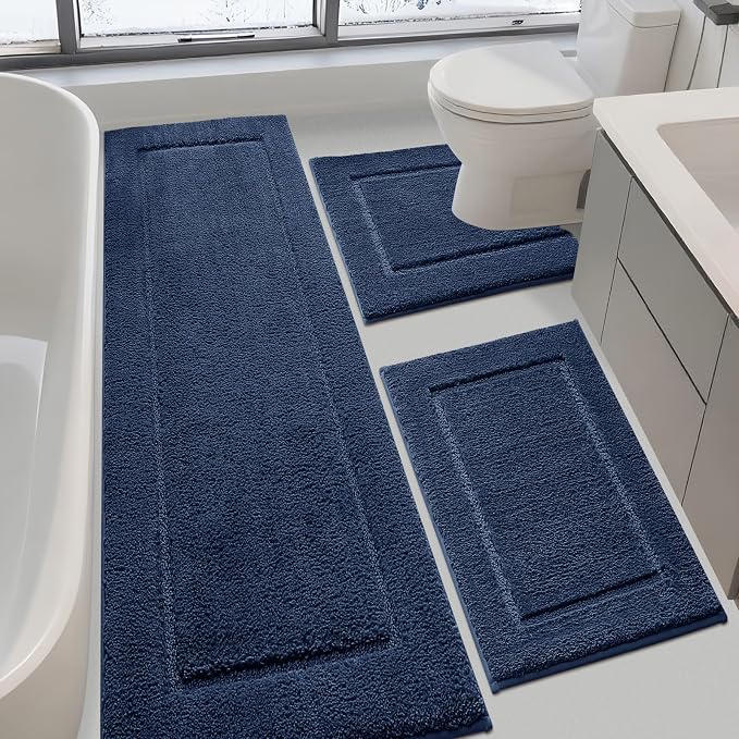 IM HOME Bathroom Rugs Sets 3 Piece, Ultra Soft Thick Plush Fluffy Microfiber Absorbent Bath Mat, Non-Slip Backing, Machine Washable Bath Mats for Bathroom Floor, Tub, Toilet and Shower, Navy Blue