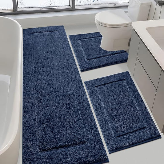 IM HOME Bathroom Rugs Sets 3 Piece, Ultra Soft Thick Plush Fluffy Microfiber Absorbent Bath Mat, Non-Slip Backing, Machine Washable Bath Mats for Bathroom Floor, Tub, Toilet and Shower, Navy Blue