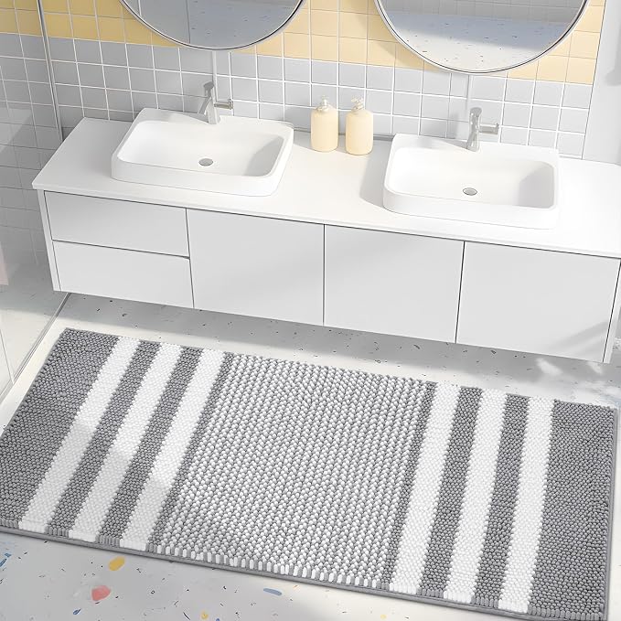 Large Bathroom Rugs Runner, 20x47 Chenille Bath Mats, Light Grey | Extra Soft Absorbent, Non Slip Striped, Quick Dry Machine Washable, Modern, Shower Rug for Bathroom Bedroom Decor