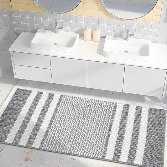 Large Bathroom Rugs Runner, 20x47 Chenille Bath Mats, Light Grey | Extra Soft Absorbent, Non Slip Striped, Quick Dry Machine Washable, Modern, Shower Rug for Bathroom Bedroom Decor